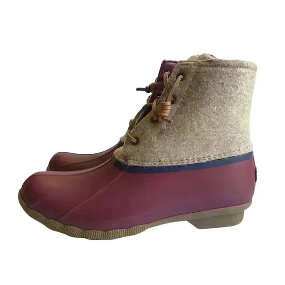 Sperry Saltwater Wool Women 8.5 Rain Duck Boots Tan Burgundy Lace Up Fall Winter - Picture 7 of 8